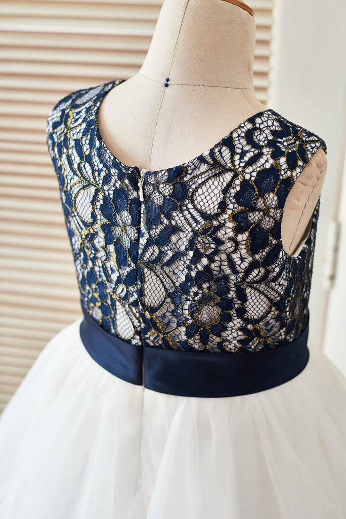 Navy Blue Gold Lace Ivory Tulle Wedding Flower Girl Dress