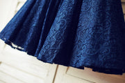 Navy Blue Lace Flower Girl Dress with V back and big bow