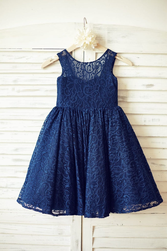 Navy Blue Lace Flower Girl Dress with V back and big bow