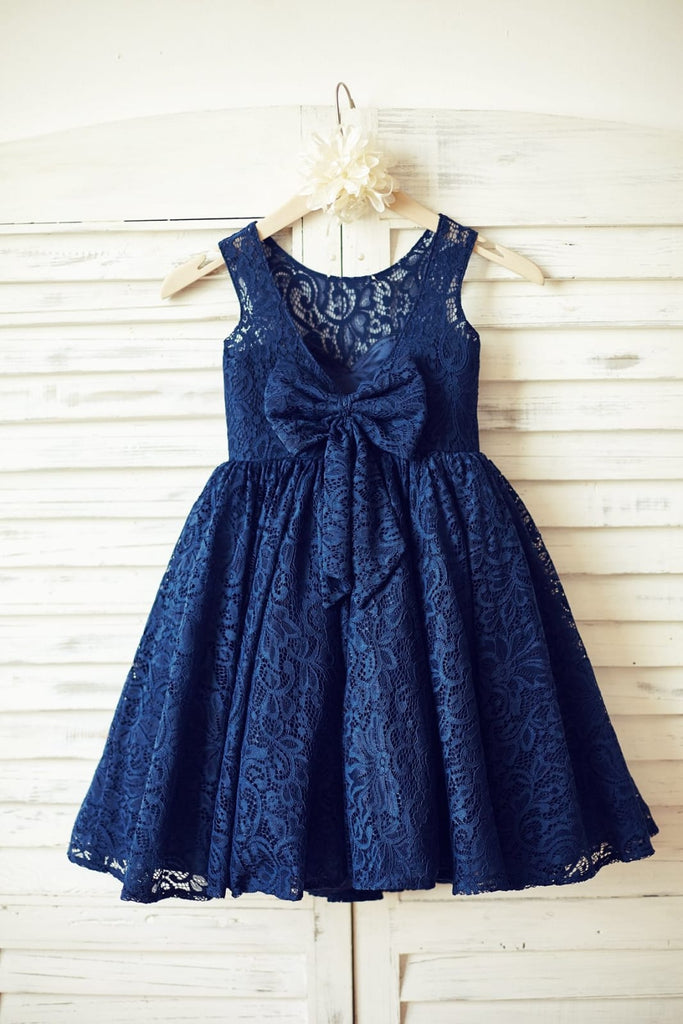 Navy Blue Lace Flower Girl Dress with V back and big bow