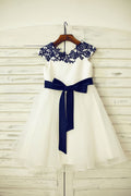 Navy Blue Lace Ivory Satin Organza Flower Girl Dress, Belt