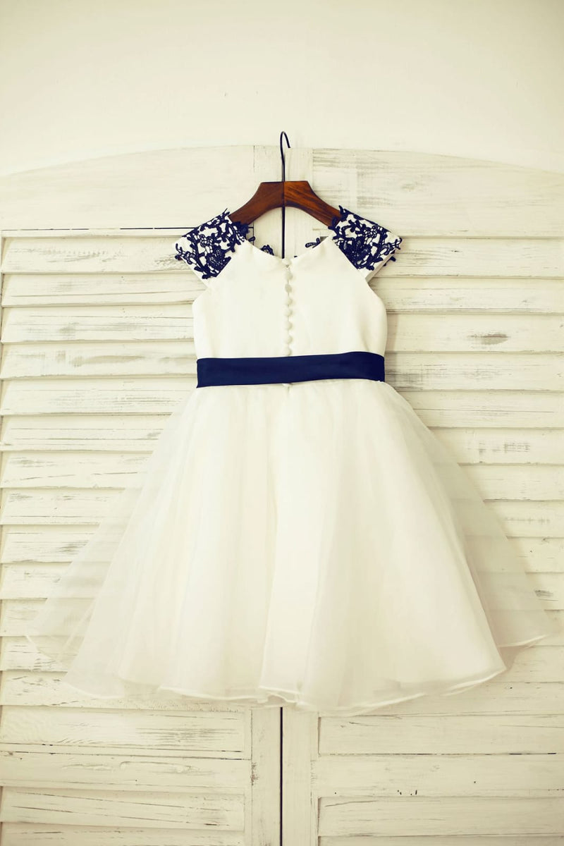 Navy Blue Lace Ivory Satin Organza Flower Girl Dress, Belt - Princessly
