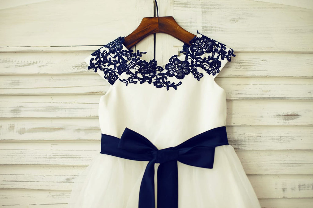Navy Blue Lace Ivory Satin Organza Flower Girl Dress with 