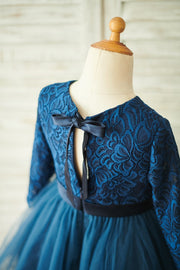 Navy Blue Lace Tulle Long Sleeves Wedding Flower Girl Dress