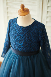 Navy Blue Lace Tulle Long Sleeves Wedding Flower Girl Dress