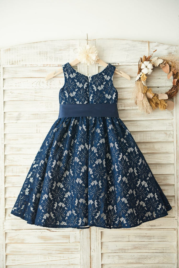 Navy Blue Lace Wedding Flower Girl Dress, Belt 5T Navy Blue Lace Wedding Flower Girl Dress, Belt 5T