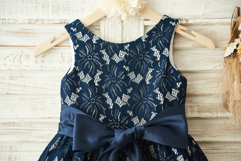 Navy Blue Lace Wedding Flower Girl Dress, Belt 6T