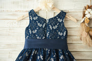 Navy Blue Lace Wedding Flower Girl Dress with Belt