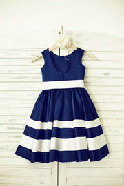 Navy Blue Satin Ivory Striped Flower Girl Dress