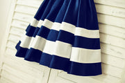Navy Blue Satin Ivory Striped Flower Girl Dress