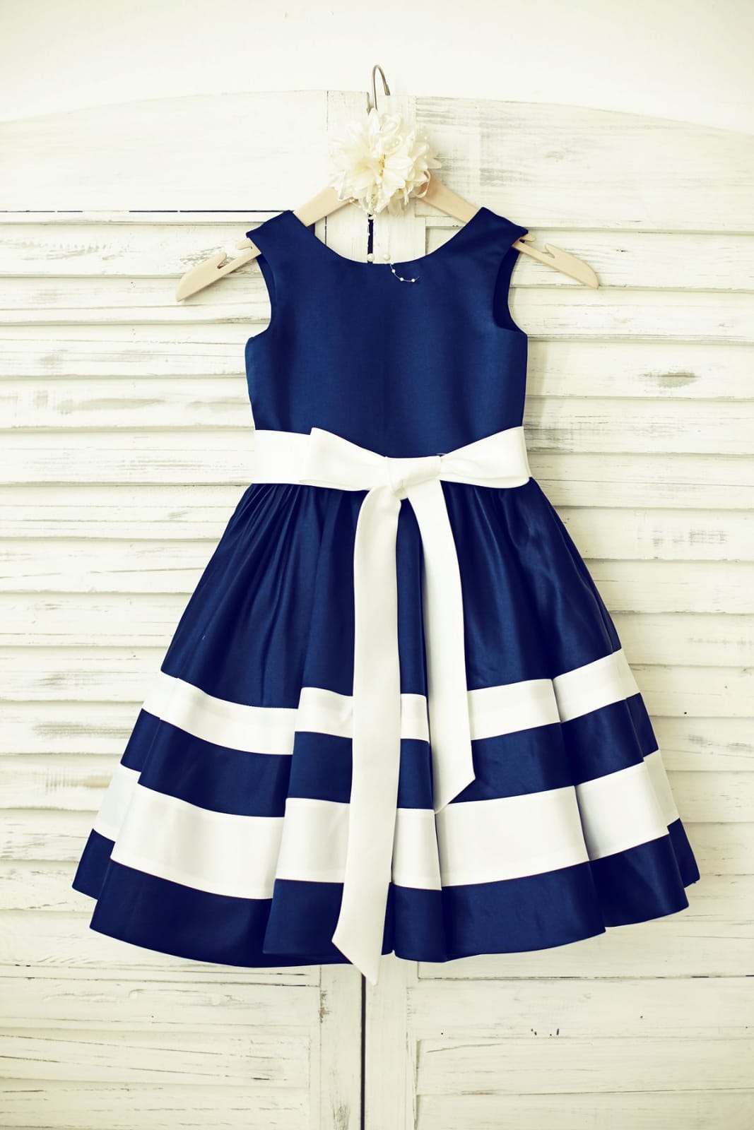 Navy Blue Satin Ivory Stripes Flower Girl Dress, Belt 2T Navy Blue Satin Ivory Stripes Flower Girl Dress, Belt 2T