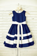 Navy Blue Satin Ivory Stripes Flower Girl Dress, Belt