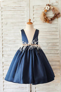 Navy Blue Satin V Neck Wedding Party Flower Girl Dress, Feather
