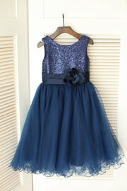 Navy Blue Sequin Tulle Wedding Flower Girl Dress