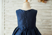 Navy Blue Taffeta Silver Lace Wedding Flower Girl Dress