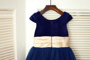 Navy Blue Velvet Tulle Cap Sleeve Wedding Flower Girl Dress 