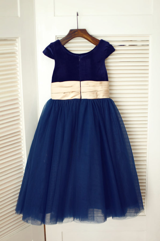 Navy Blue Velvet Tulle Cap Sleeve Wedding Flower Girl Dress 