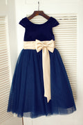Темно-синее бархатное тюлевое свадебное платье с короткими рукавами для девочек-цветочниц