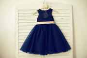 Navy Blue Lace Tulle Flower Girl Dress Keyhole Back with 