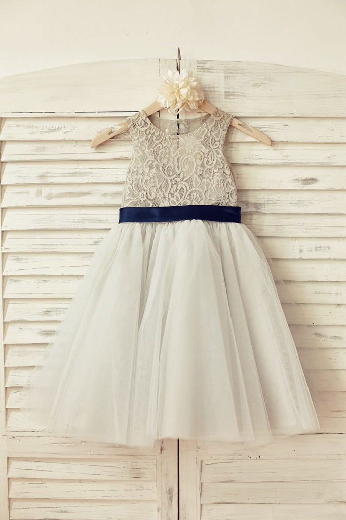 Navy Blue Lace Tulle Flower Girl Dress Keyhole Back with 