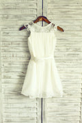 Navy Blue/Ivory/Pink/Gray Lace Chiffon Cap Sleeves Flower Girl Dress