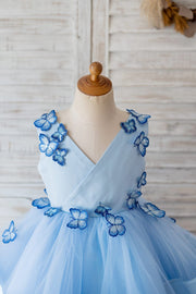 V Neck Blue Satin Butterfly Wedding Flower Girl Dress with 