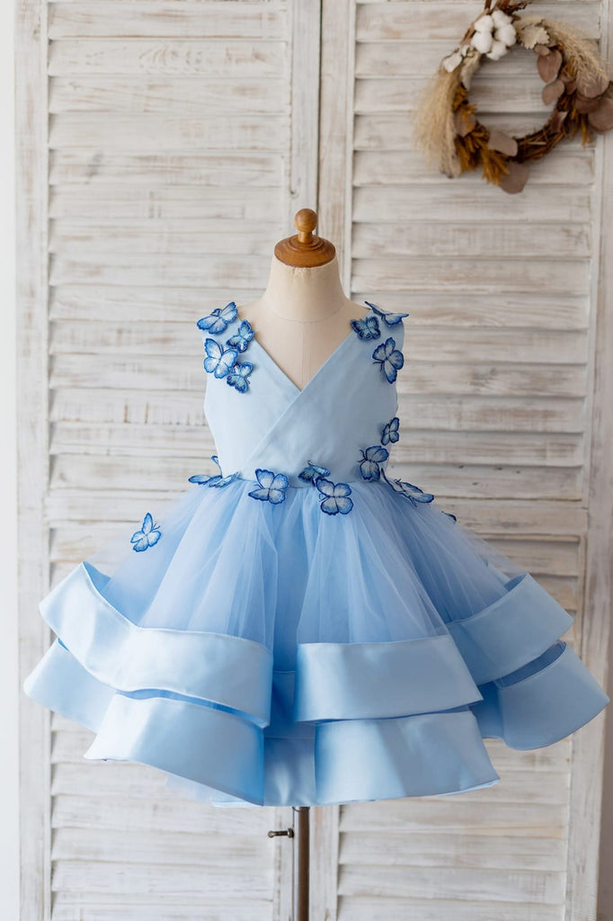 V Neck Blue Satin Butterfly Wedding Flower Girl Dress with 