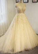 V-Neck Chapel Train A-Line Sleeveless Champagne Tulle Wedding Dress