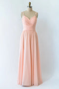 V Neck Double-strap Lace Blush Pink Chiffon Long Bridesmaid Dress