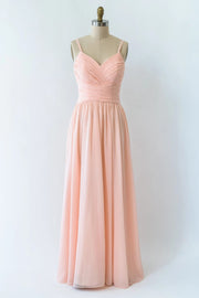 V Neck Double-strap Lace Blush Pink Chiffon Long Bridesmaid