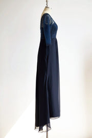 V Neck Elbow Length Sleeves Navy Blue Beaded Chiffon Tulle 