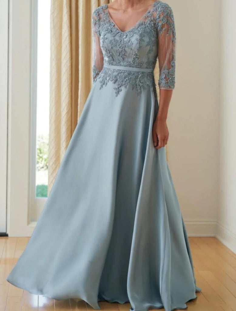V Neck Floor Length Chiffon A-line Mother of Bride Dress, Lace - Princessly V Neck Floor Length Chiffon A-line Mother of Bride Dress, Lace - Princessly