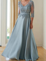 V Neck Floor Length Chiffon A-line Mother of Bride Dress 