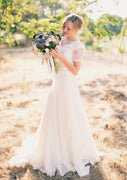 V-Neck Floor Length Lace Chiffon A-line Wedding Dress, Sash