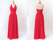 V Neck Halter Sleeveless Backless Red Chiffon Bridesmaid 