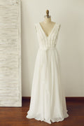 V Neck Ivory Lace Chiffon Wedding Dress Bridal Gown Wedding Dress, Pearls