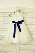 V Neck Ivory Lace Tulle Flower Girl Dress, Navy Blue Sash