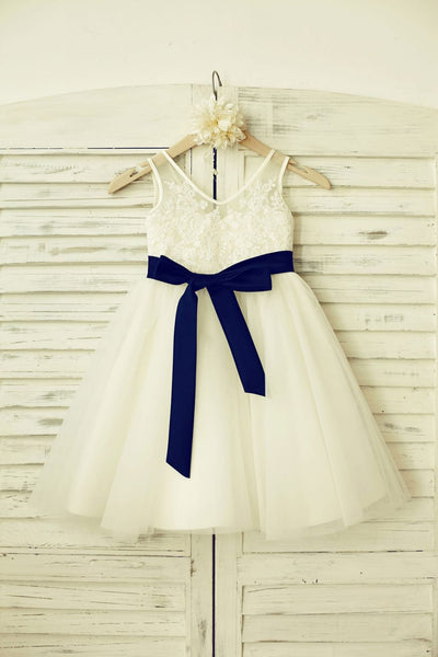 V Neck Ivory Lace Tulle Flower Girl Dress with Navy Blue 
