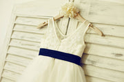V Neck Ivory Lace Tulle Flower Girl Dress with Navy Blue 