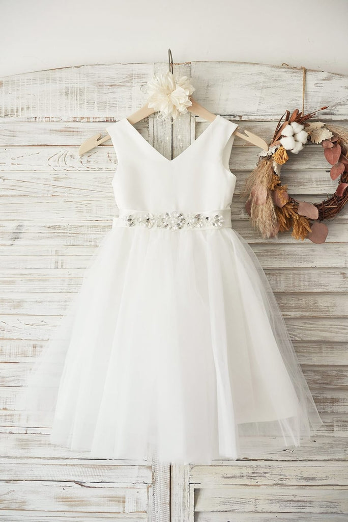 V Neck Ivory Satin Champagne Tulle Wedding Flower Girl Dress