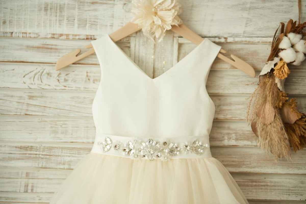 Champagne Bowknot Tulle Satin Ivory Sleeveless Flower Girl Dress