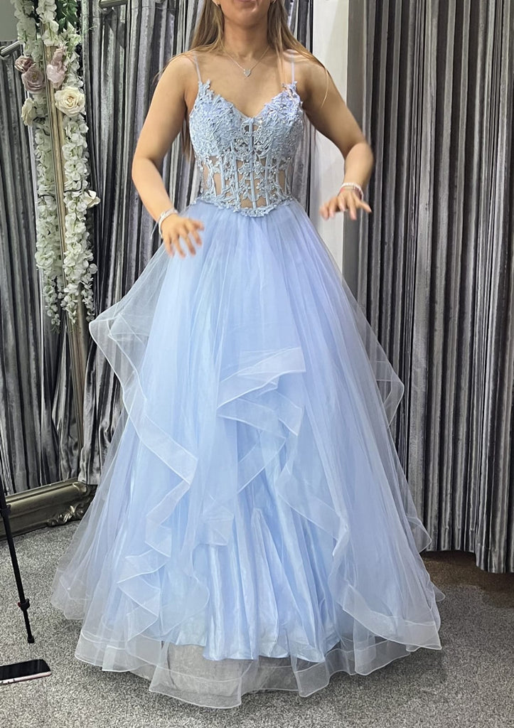 V Neck Lace Corset Horsehair Sky Blue Tulle Prom Dress Evening Gown -  Princessly