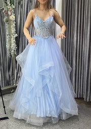 V Neck Lace Corset Horsehair Sky Blue Tulle Prom Dress