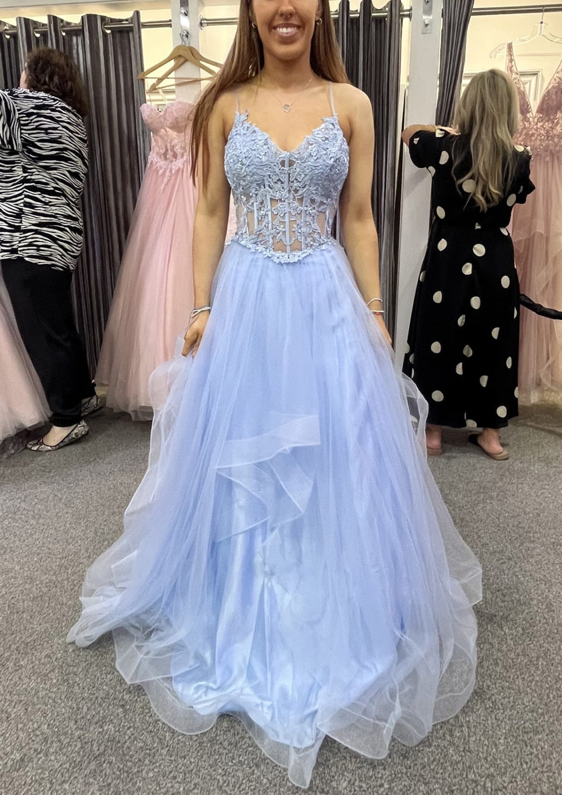 V Neck Lace Corset Horsehair Sky Blue Tulle Prom Dress Evening