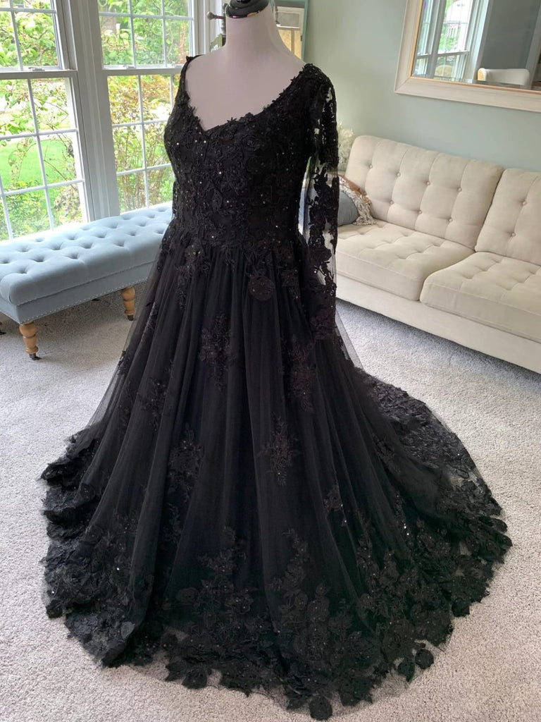 Black Evening Dress Long Sleeve A-Line O-Neck Satin Sweep Train Lace  Appliques Button Women Elegant Party Prom Gowns 2023