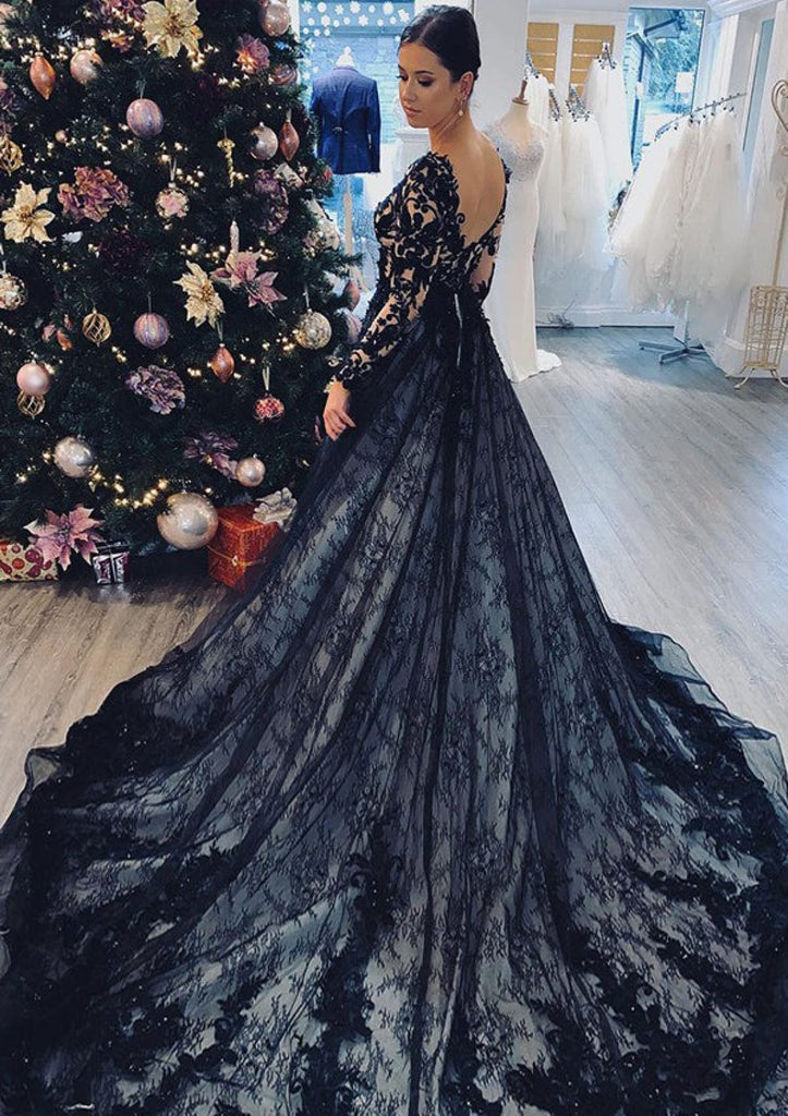 V Neck Long Sleeve Chapel Train Black Lace Wedding Dress - 