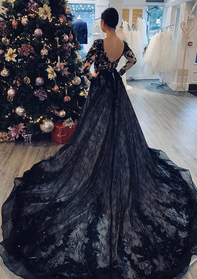 V Neck Long Sleeve Chapel Train Black Lace Wedding Dress - 