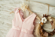 V Neck Pink Satin Tulle Wedding Party Flower Girl Dress