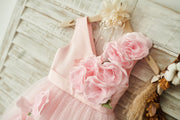 V Neck Pink Satin Tulle Wedding Party Flower Girl Dress