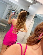 V Neck Sexy Halter Straps Hot Pink/Blue Backless Homecoming 